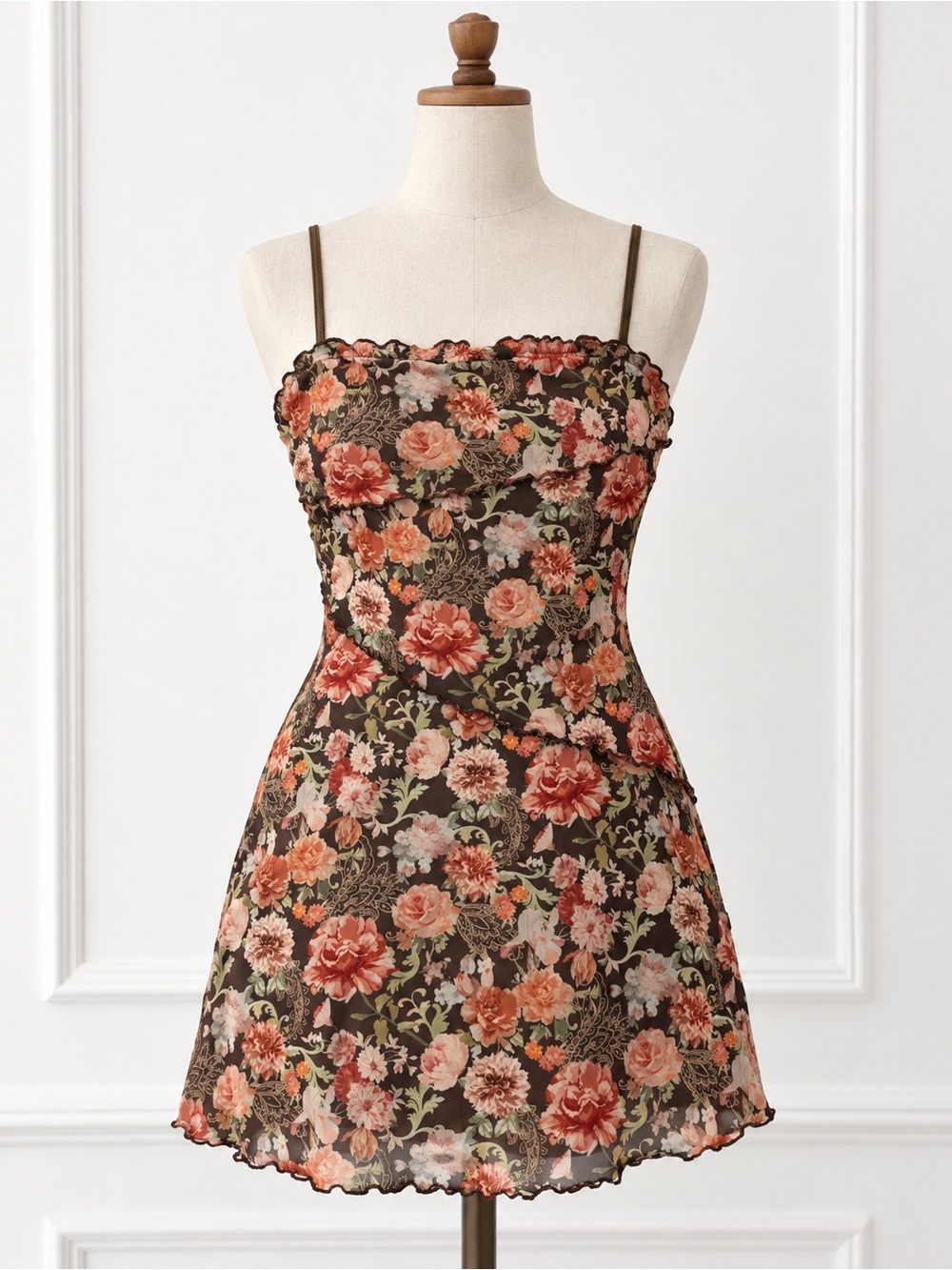 Floral Print Mini Dress - Brown/Coral